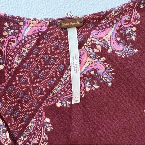 Free People Girl Talk Burgundy Tunic Top Paisley Balloon Sleeves Size XS Boho - Picture 5 of 9